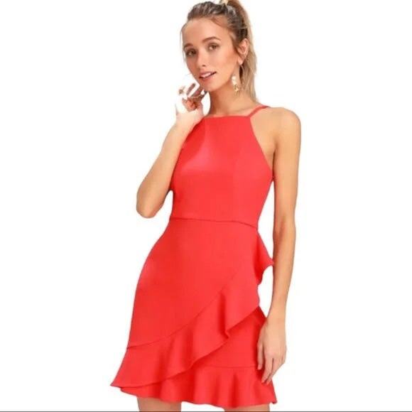 Lulus Great Things Ruffled Bodycon Coral Red Dress Size‎ XL - Picture 1 of 11